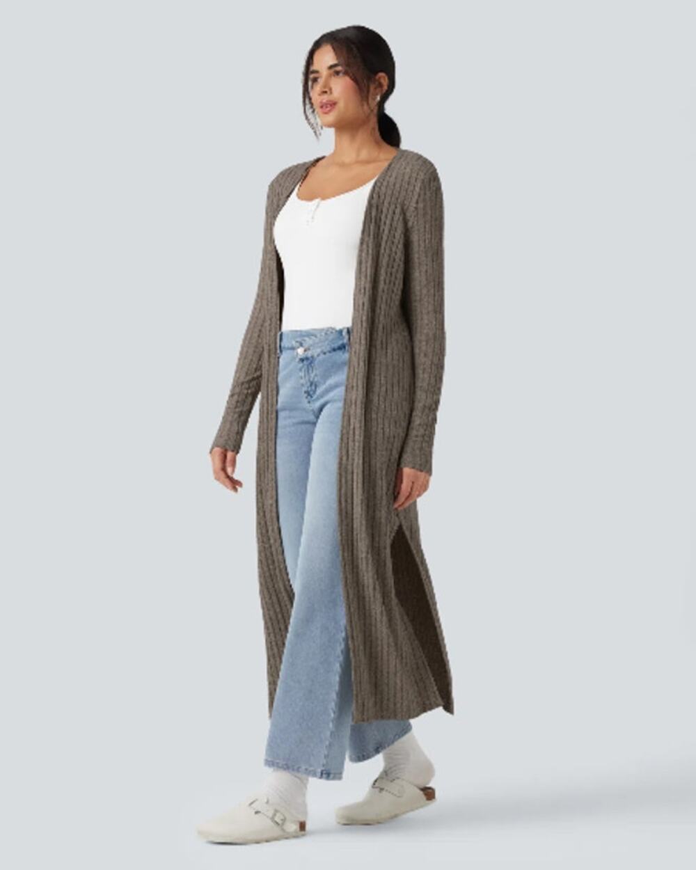 Halara NWT Ribbed Knit Casual Longline Cardigan Brown Sz XL Cozy Loungewear